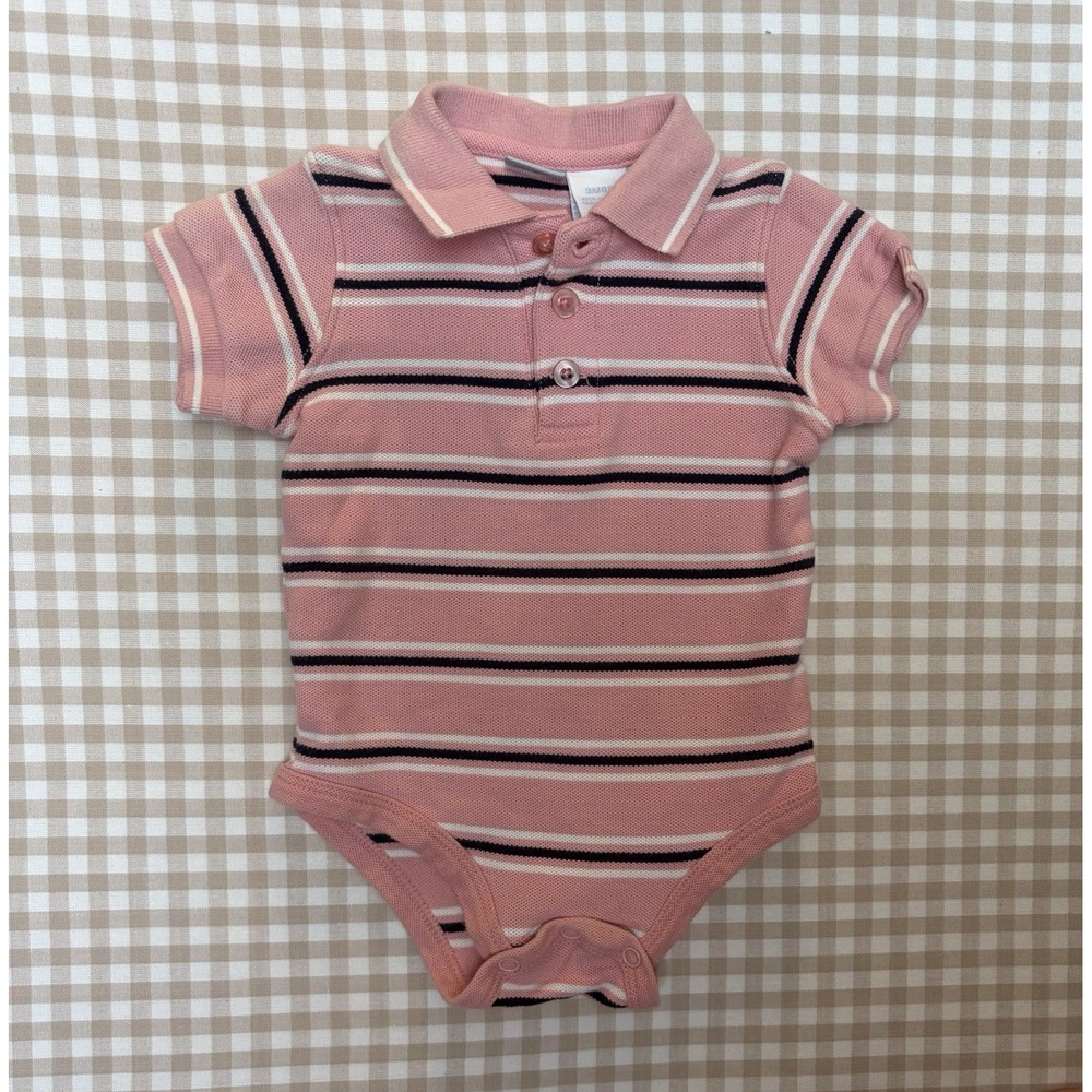 Y2K Cuddle Bear Polo Bodysuit Unisex 9M Pink Striped Collared Cotton One Piece